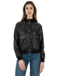 Bomber con bottoni da donna in vera pelle nero