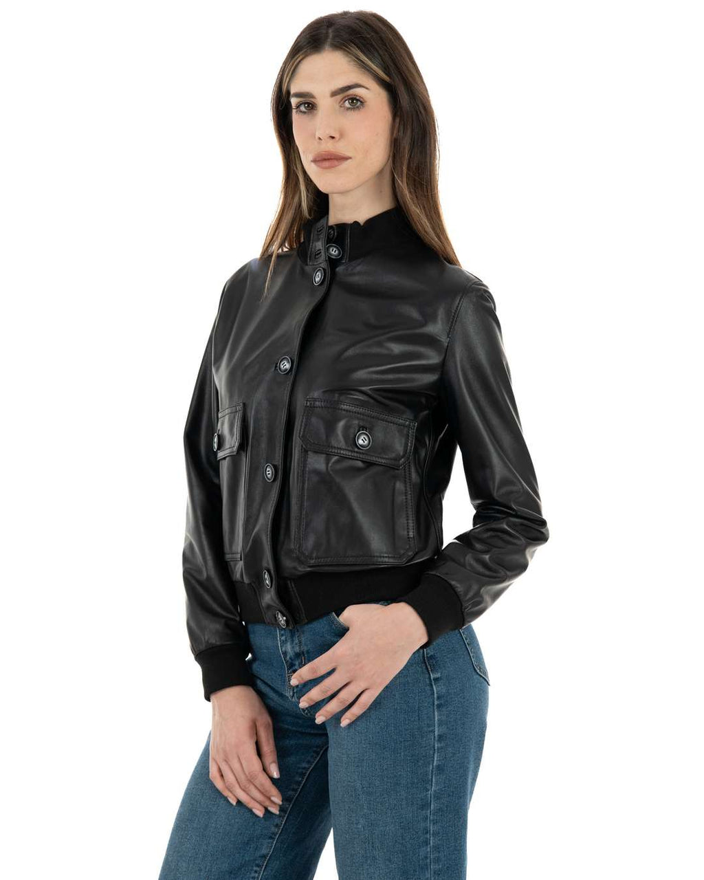SARAH Bomber con bottoni da donna in vera pelle nero