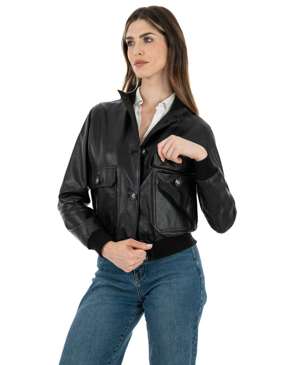 SARAH Bomber con bottoni da donna in vera pelle nero