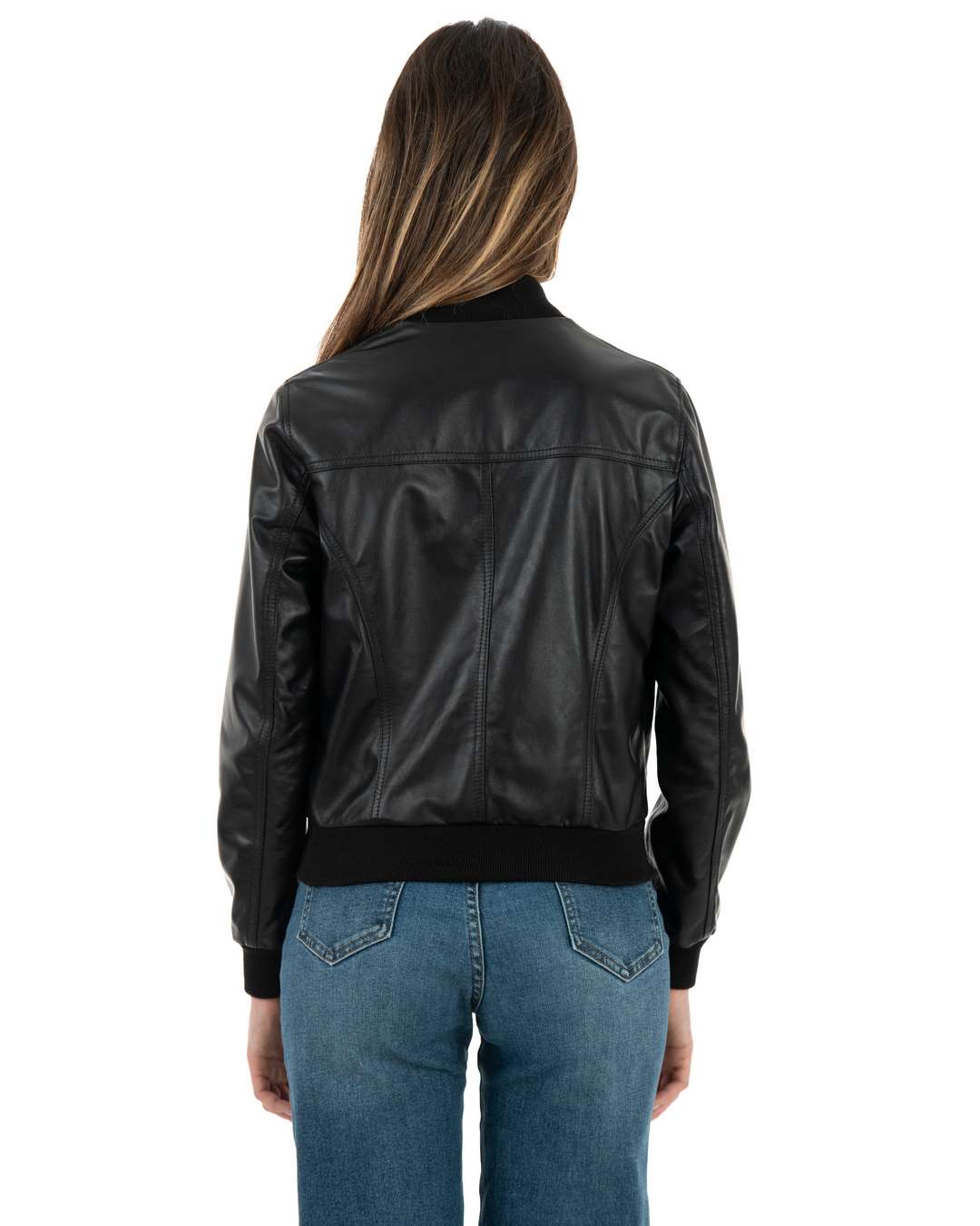 SARAH Bomber con bottoni da donna in vera pelle nero