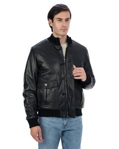 RALPH Bomber con bottoni e zip da uomo in vera pelle nero imbottito
