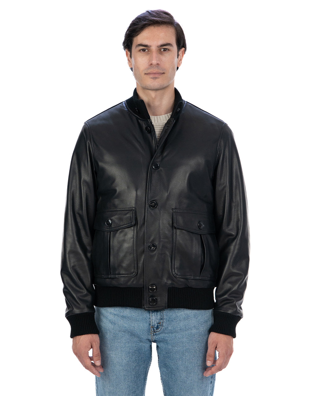 RALPH Bomber con bottoni e zip da uomo in vera pelle nero imbottito