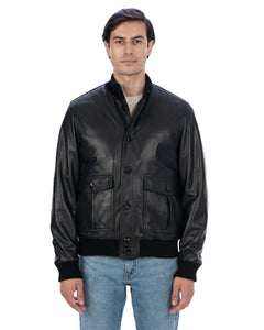 RALPH Bomber con bottoni e zip da uomo in vera pelle nero imbottito