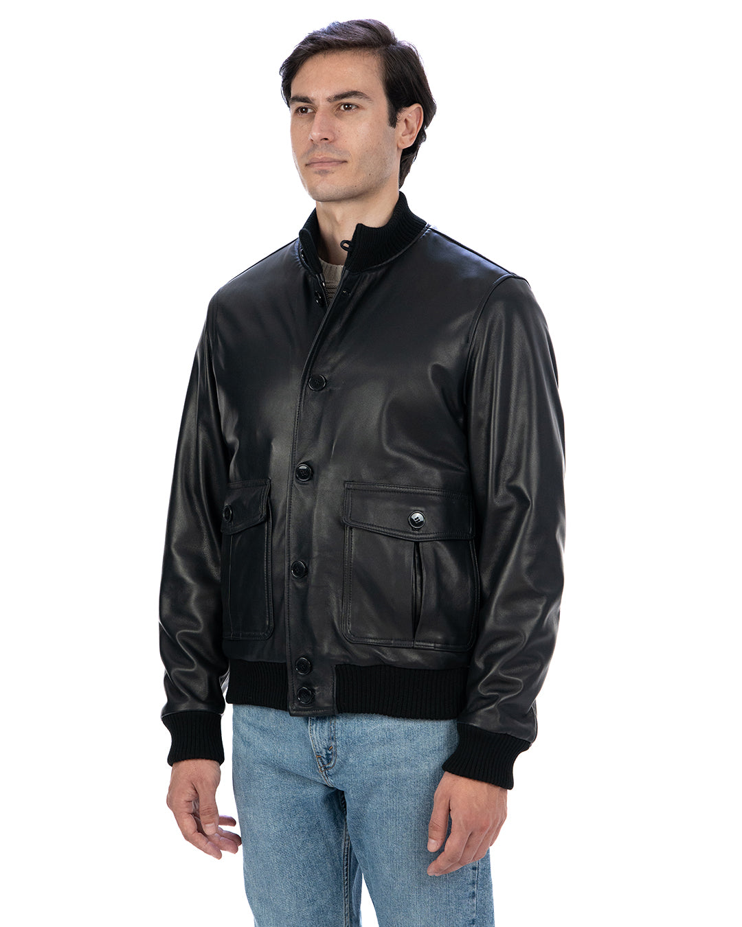 RALPH Bomber con bottoni e zip da uomo in vera pelle nero imbottito