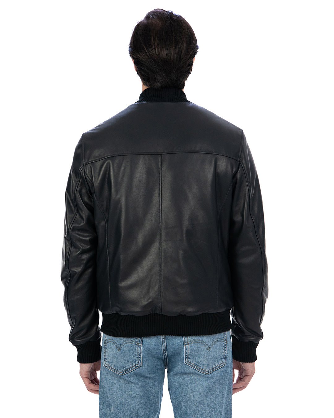 RALPH Bomber con bottoni e zip da uomo in vera pelle nero imbottito