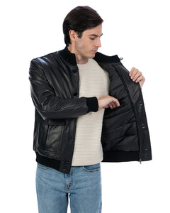 RALPH Bomber con bottoni e zip da uomo in vera pelle nero imbottito