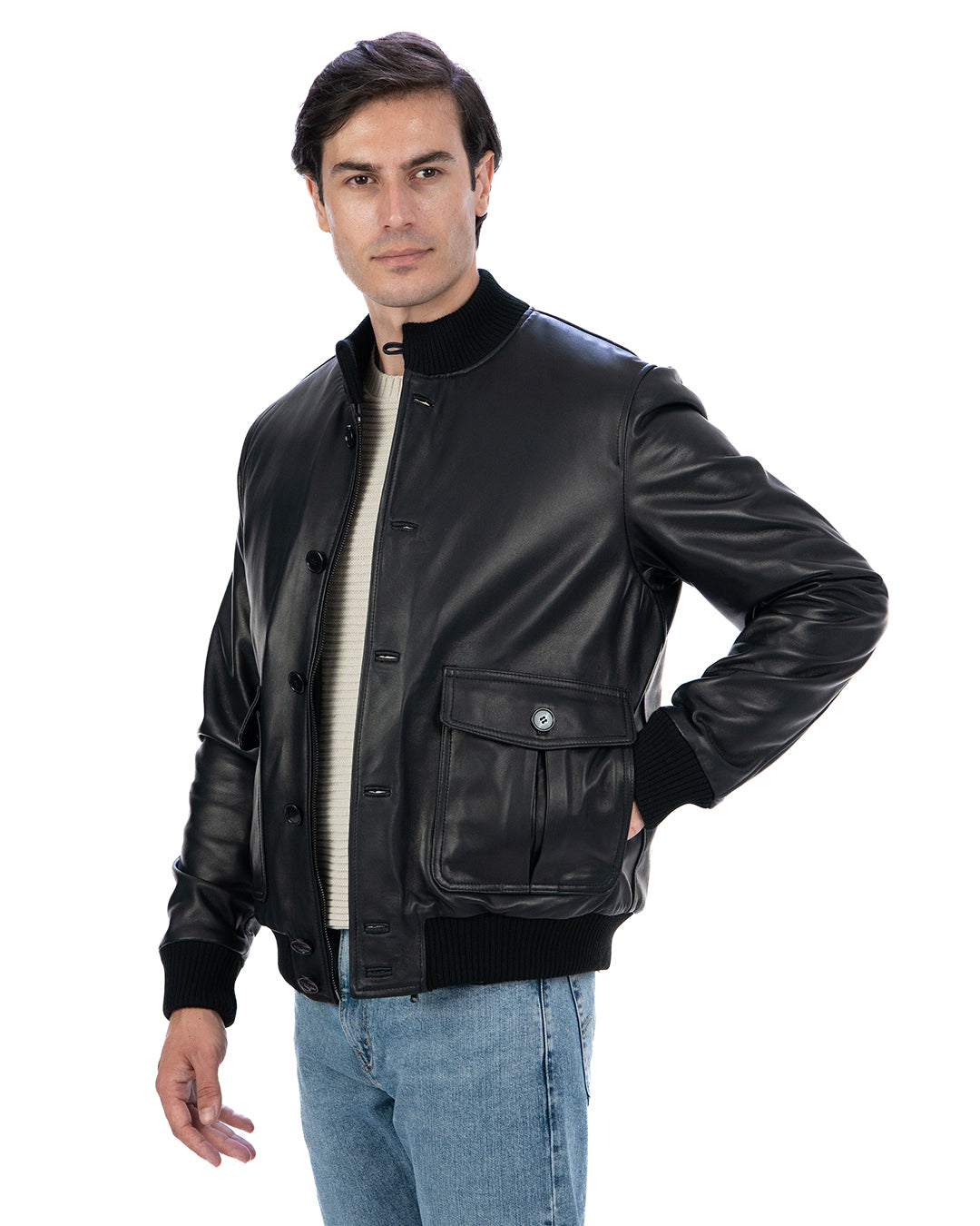 RALPH Bomber con bottoni e zip da uomo in vera pelle nero imbottito