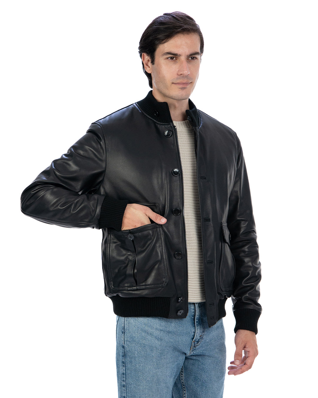 RALPH Bomber con bottoni e zip da uomo in vera pelle nero imbottito