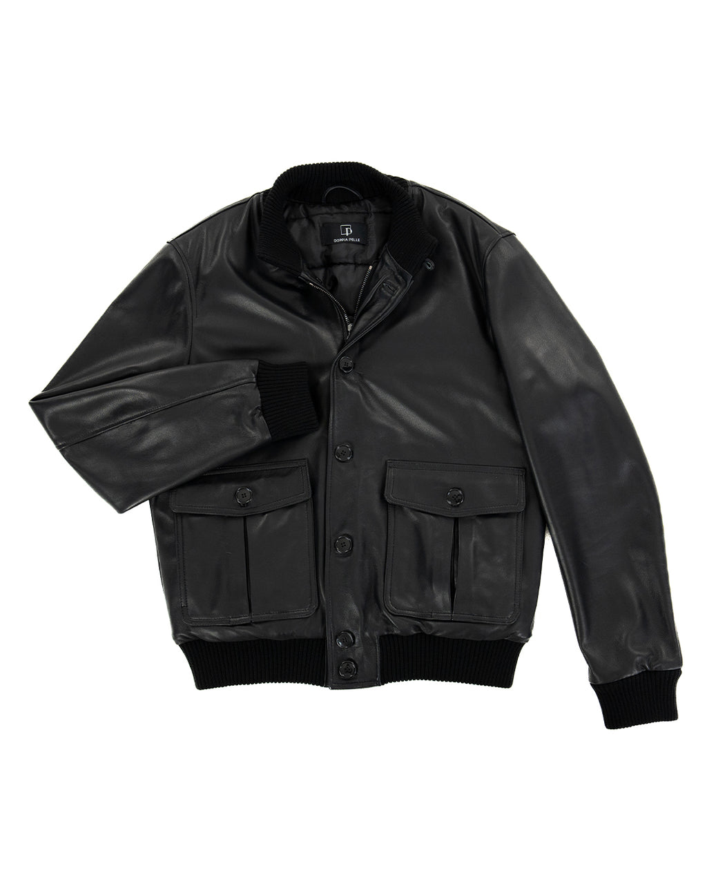 RALPH Bomber con bottoni e zip da uomo in vera pelle nero imbottito