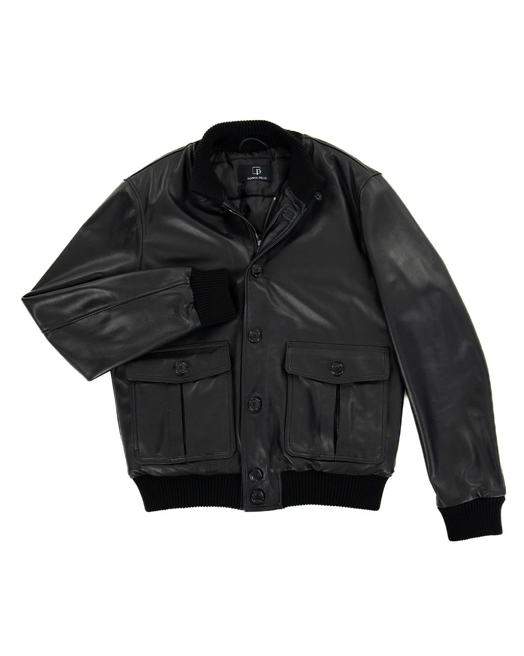 RALPH Bomber con bottoni e zip da uomo in vera pelle nero imbottito