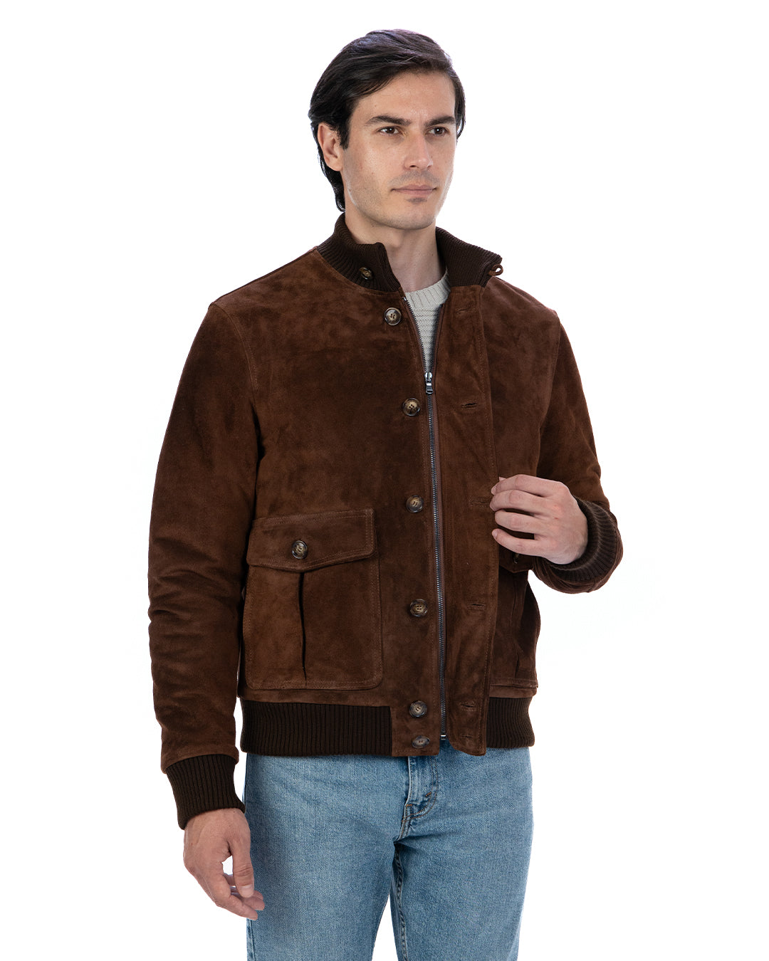RALPH Bomber con bottoni e zip da uomo in vera pelle scamosciata cuoio imbottito