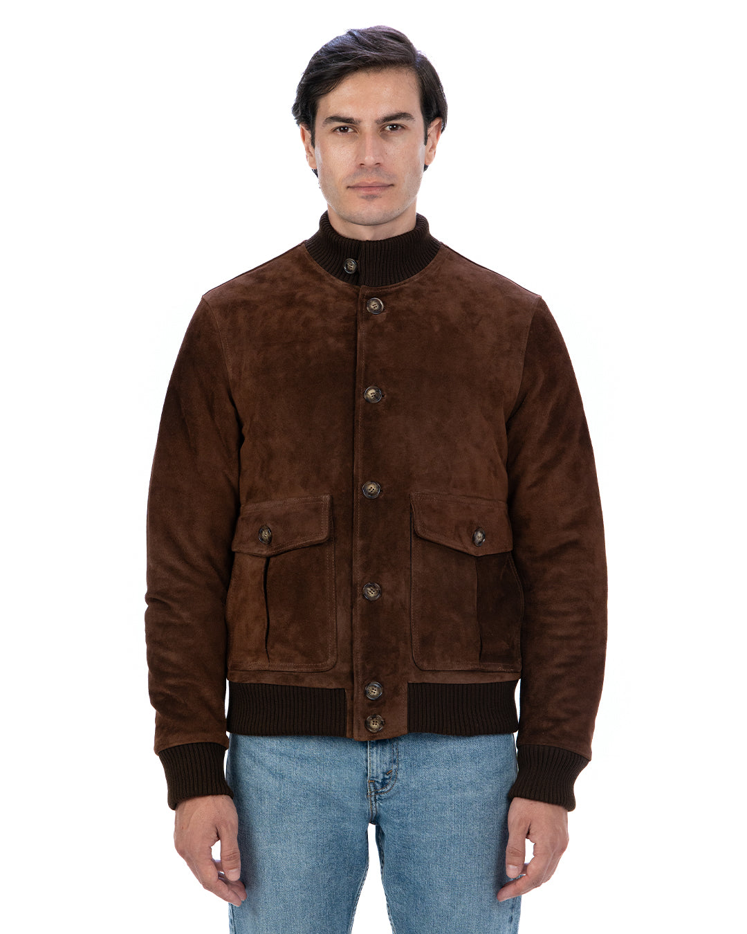 RALPH Bomber con bottoni e zip da uomo in vera pelle scamosciata cuoio imbottito