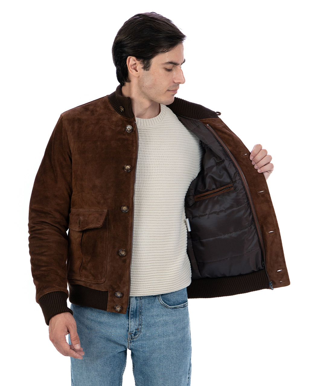 RALPH Bomber con bottoni e zip da uomo in vera pelle scamosciata cuoio imbottito