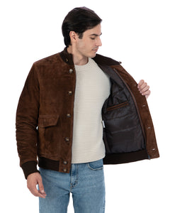 RALPH Bomber con bottoni e zip da uomo in vera pelle scamosciata cuoio imbottito