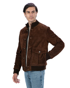 RALPH Bomber con bottoni e zip da uomo in vera pelle scamosciata cuoio imbottito