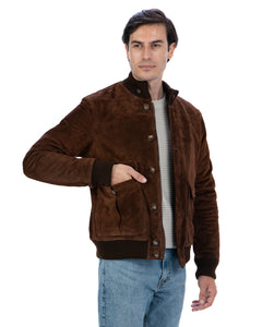 RALPH Bomber con bottoni e zip da uomo in vera pelle scamosciata cuoio imbottito