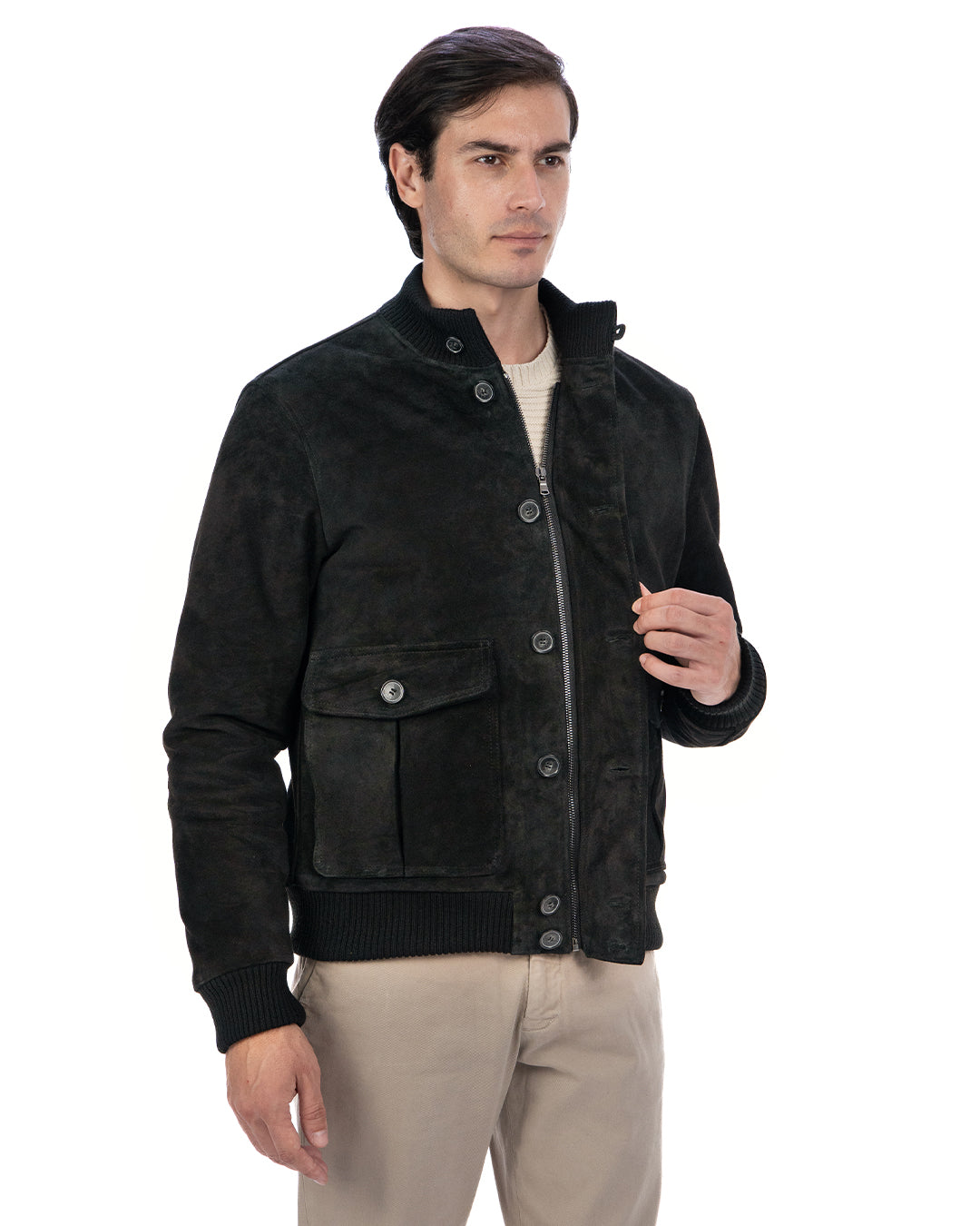 RALPH Bomber con bottoni e zip da uomo in vera pelle scamosciata nero imbottito