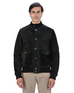 RALPH Bomber con bottoni e zip da uomo in vera pelle scamosciata nero imbottito