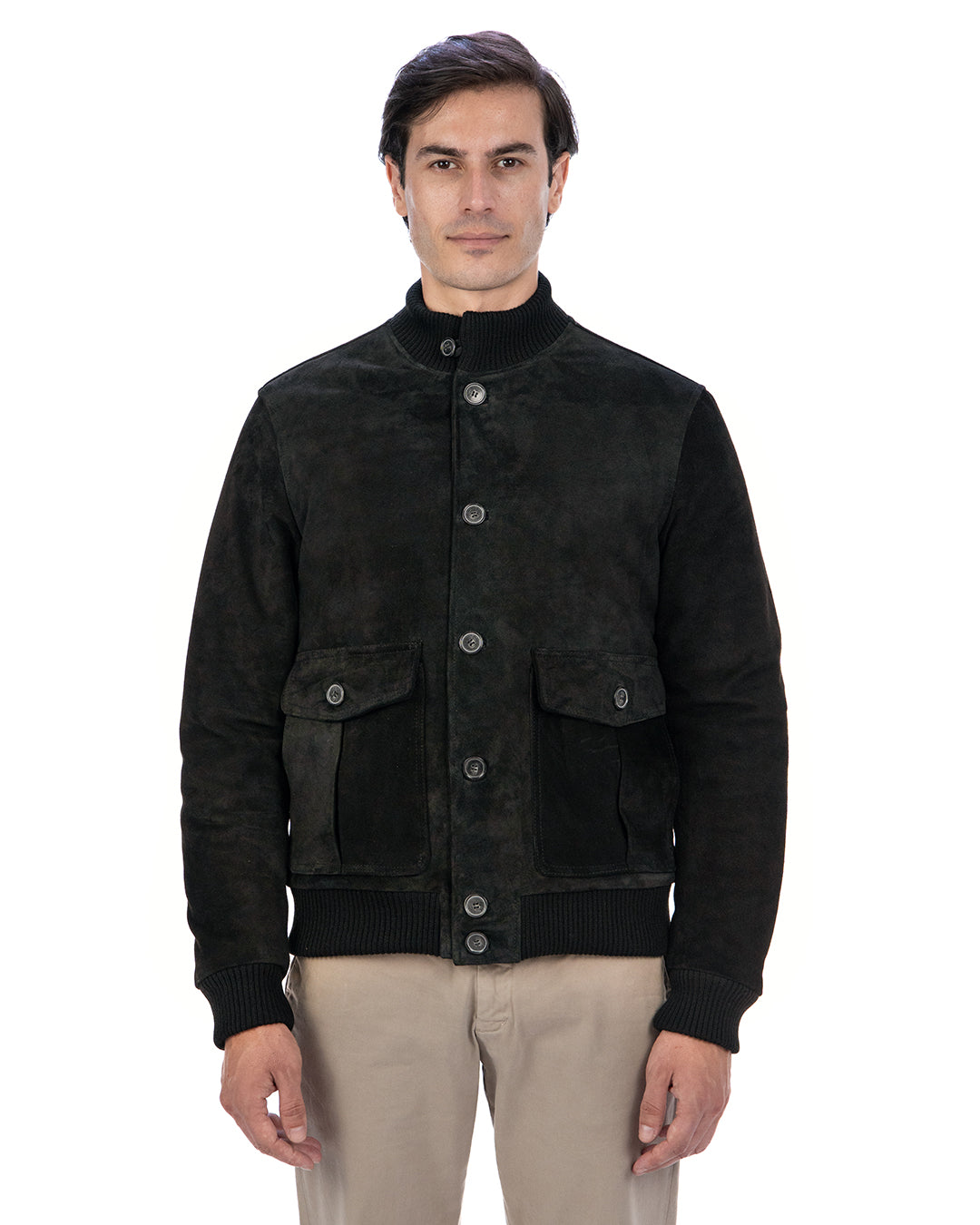 RALPH Bomber con bottoni e zip da uomo in vera pelle scamosciata nero imbottito