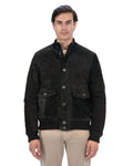 RALPH Bomber con bottoni e zip da uomo in vera pelle scamosciata nero imbottito