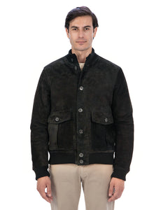 RALPH Bomber con bottoni e zip da uomo in vera pelle scamosciata nero imbottito