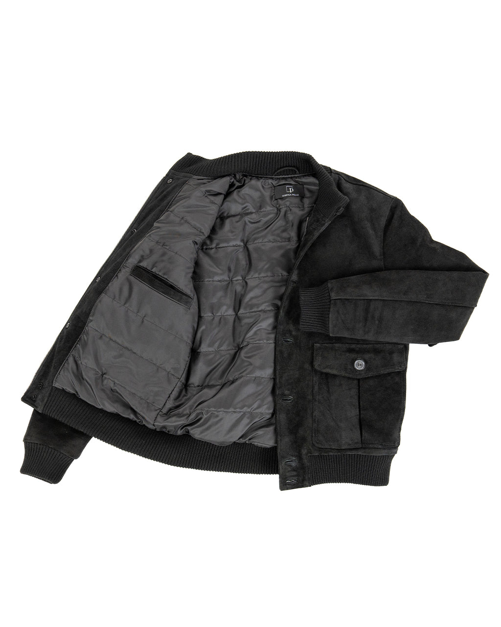RALPH Bomber con bottoni e zip da uomo in vera pelle scamosciata nero imbottito
