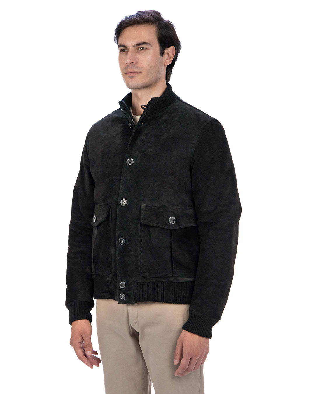 RALPH Bomber con bottoni e zip da uomo in vera pelle scamosciata nero imbottito