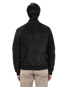 RALPH Bomber con bottoni e zip da uomo in vera pelle scamosciata nero imbottito
