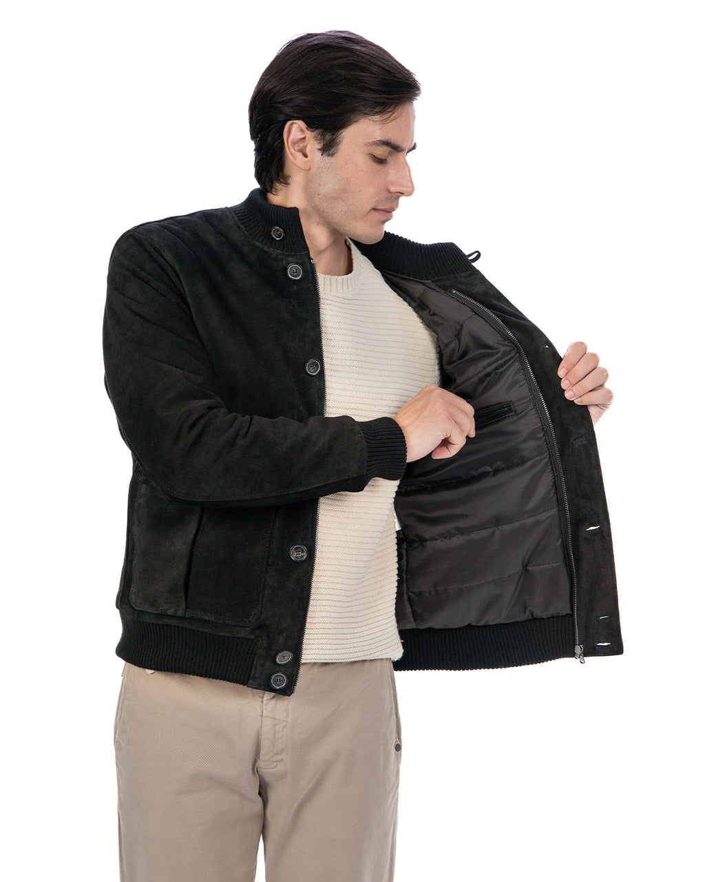 RALPH Bomber con bottoni e zip da uomo in vera pelle scamosciata nero imbottito