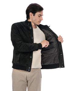 RALPH Bomber con bottoni e zip da uomo in vera pelle scamosciata nero imbottito