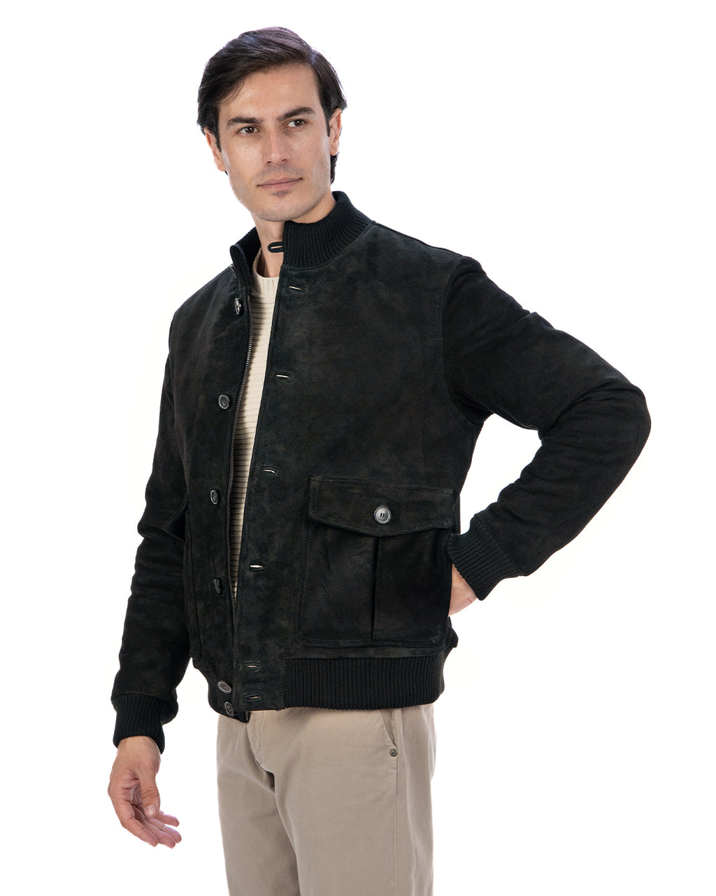 RALPH Bomber con bottoni e zip da uomo in vera pelle scamosciata nero imbottito