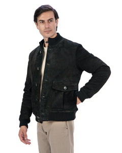 RALPH Bomber con bottoni e zip da uomo in vera pelle scamosciata nero imbottito
