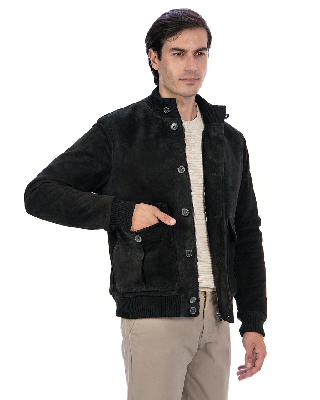 RALPH Bomber con bottoni e zip da uomo in vera pelle scamosciata nero imbottito