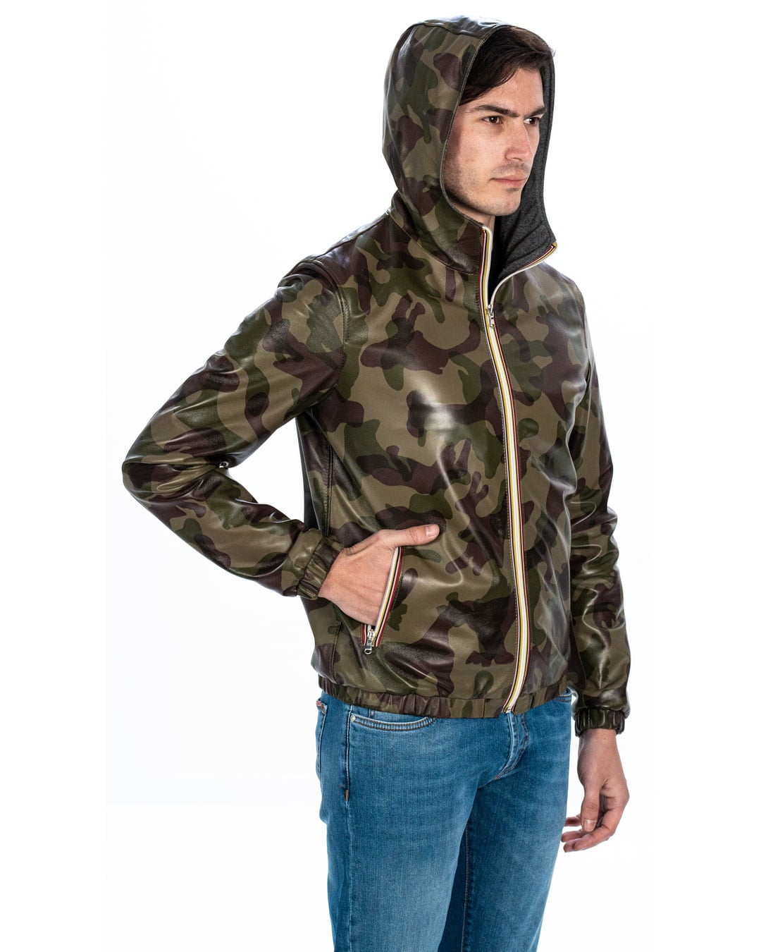 ERIC Giubbotto Bomber stile K-WAY con cappuccio da uomo in vera pelle mimetico