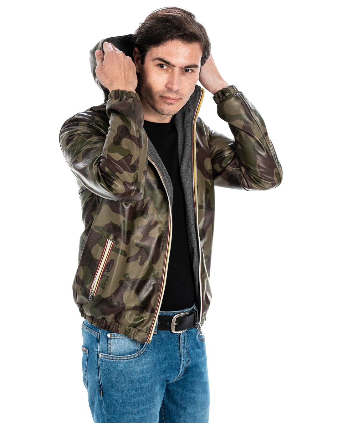 ERIC Giubbotto Bomber stile K-WAY con cappuccio da uomo in vera pelle mimetico