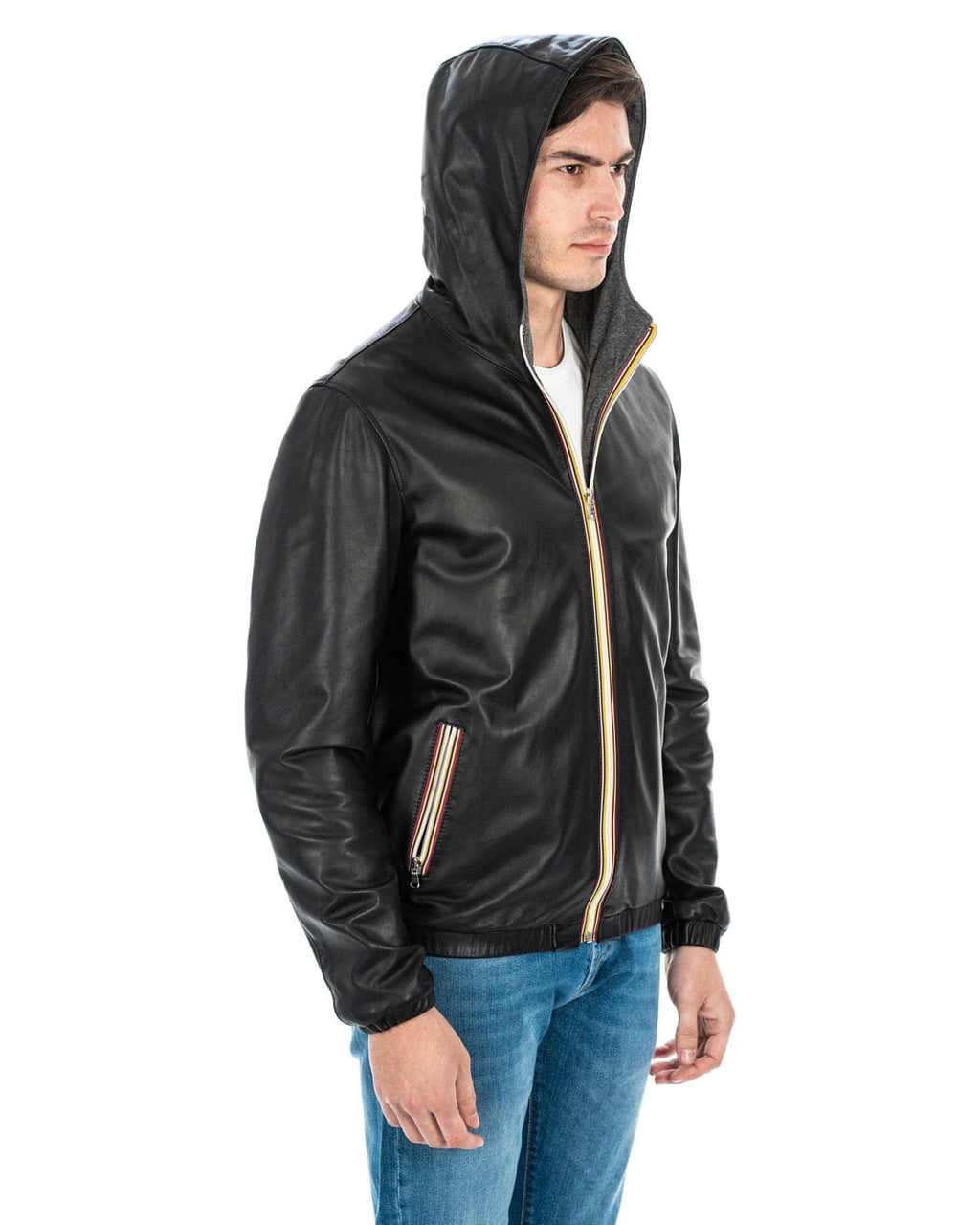 ERIC Giubbotto Bomber stile K-WAY con cappuccio da uomo in vera pelle nero