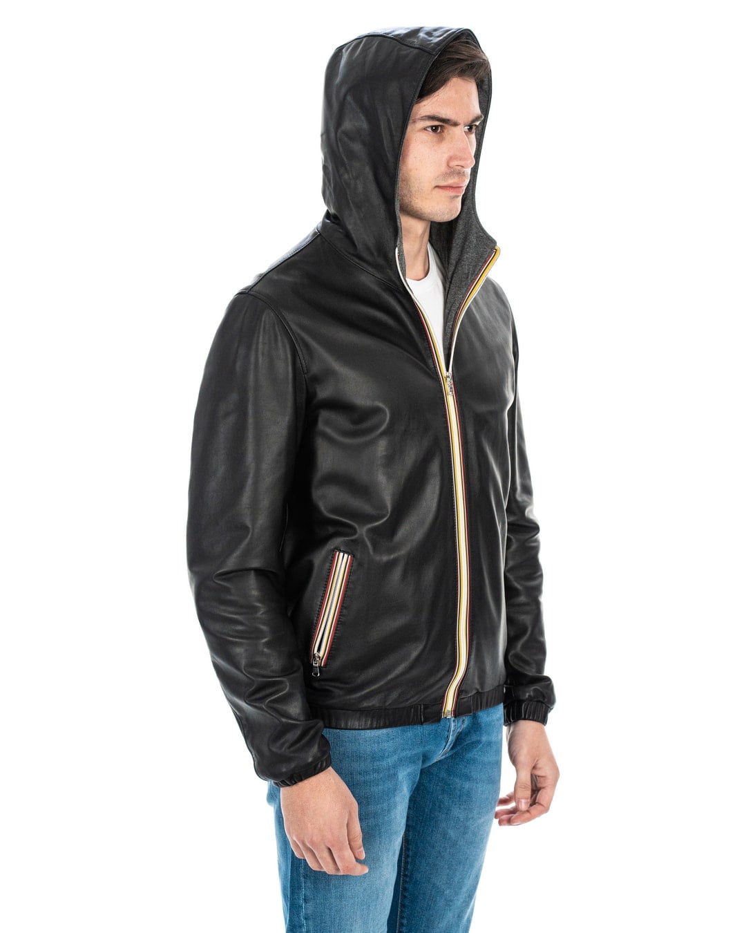 ERIC Giubbotto Bomber stile K-WAY con cappuccio da uomo in vera pelle nero