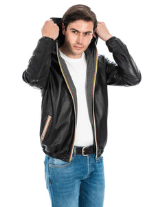 ERIC Giubbotto Bomber stile K-WAY con cappuccio da uomo in vera pelle nero