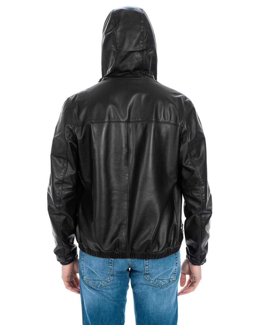 ERIC Giubbotto Bomber stile K-WAY con cappuccio da uomo in vera pelle nero