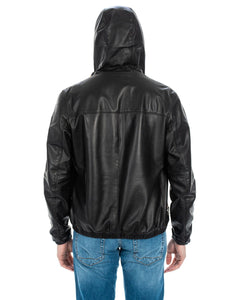 ERIC Giubbotto Bomber stile K-WAY con cappuccio da uomo in vera pelle nero