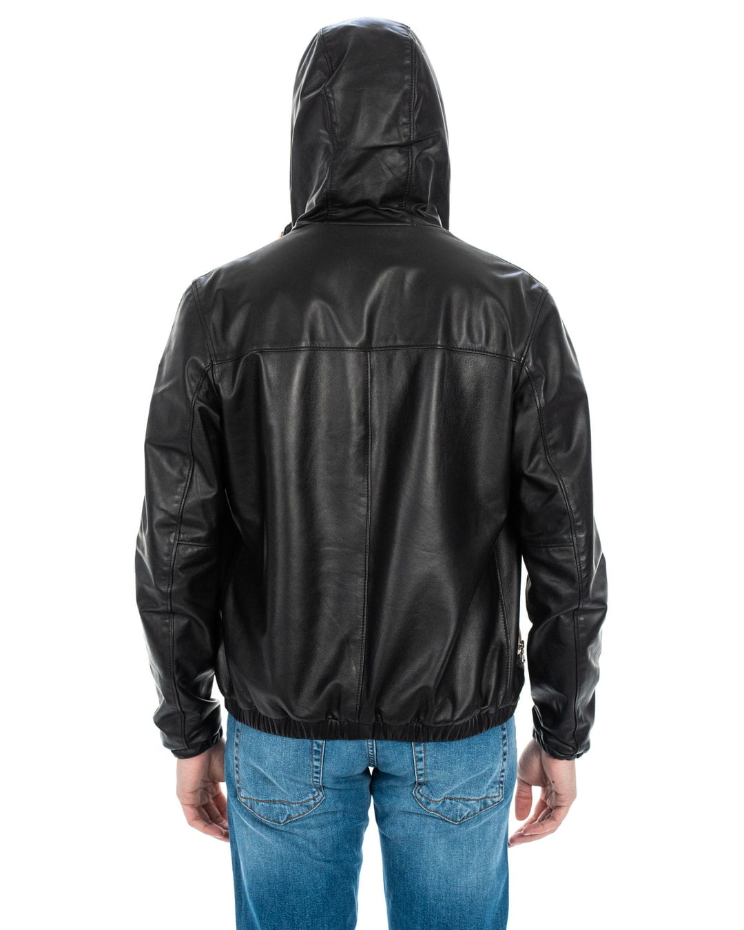 ERIC Giubbotto Bomber stile K-WAY con cappuccio da uomo in vera pelle nero