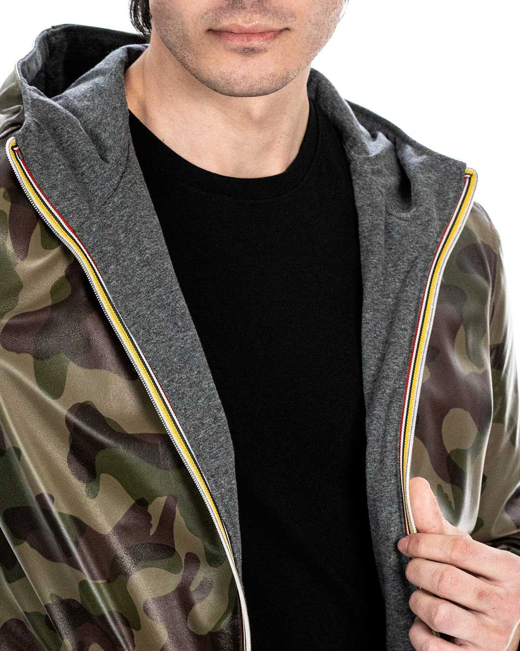 ERIC Giubbotto Bomber stile K-WAY con cappuccio da uomo in vera pelle mimetico