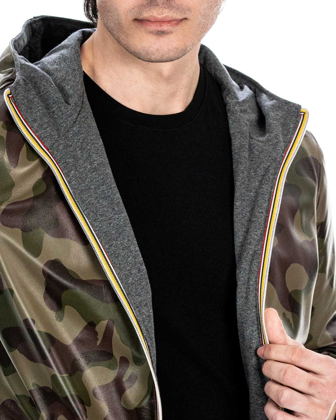ERIC Giubbotto Bomber stile K-WAY con cappuccio da uomo in vera pelle mimetico