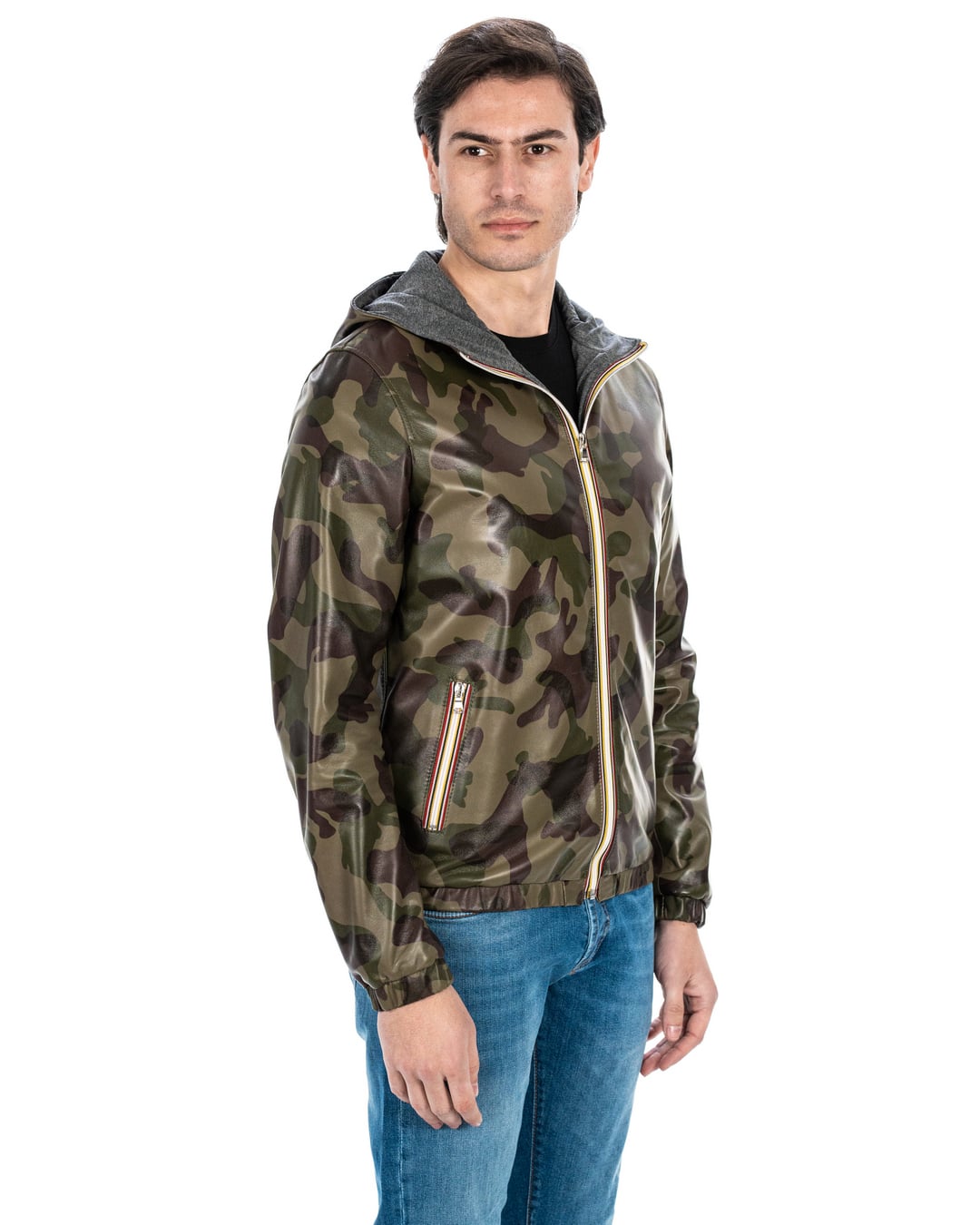 ERIC Giubbotto Bomber stile K-WAY con cappuccio da uomo in vera pelle mimetico