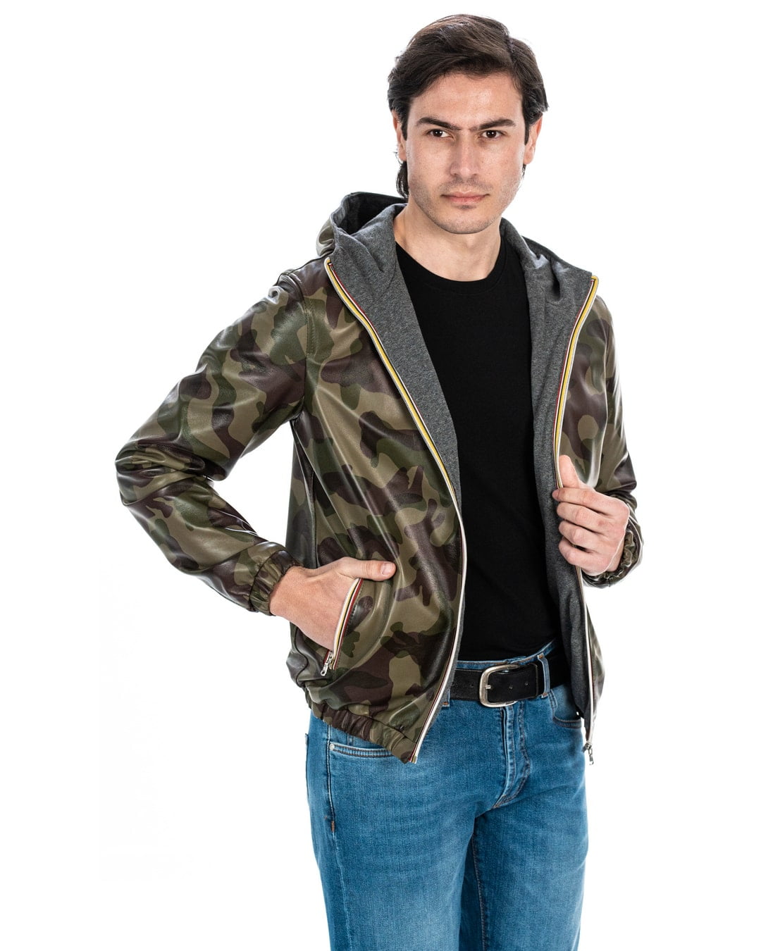 ERIC Giubbotto Bomber stile K-WAY con cappuccio da uomo in vera pelle mimetico
