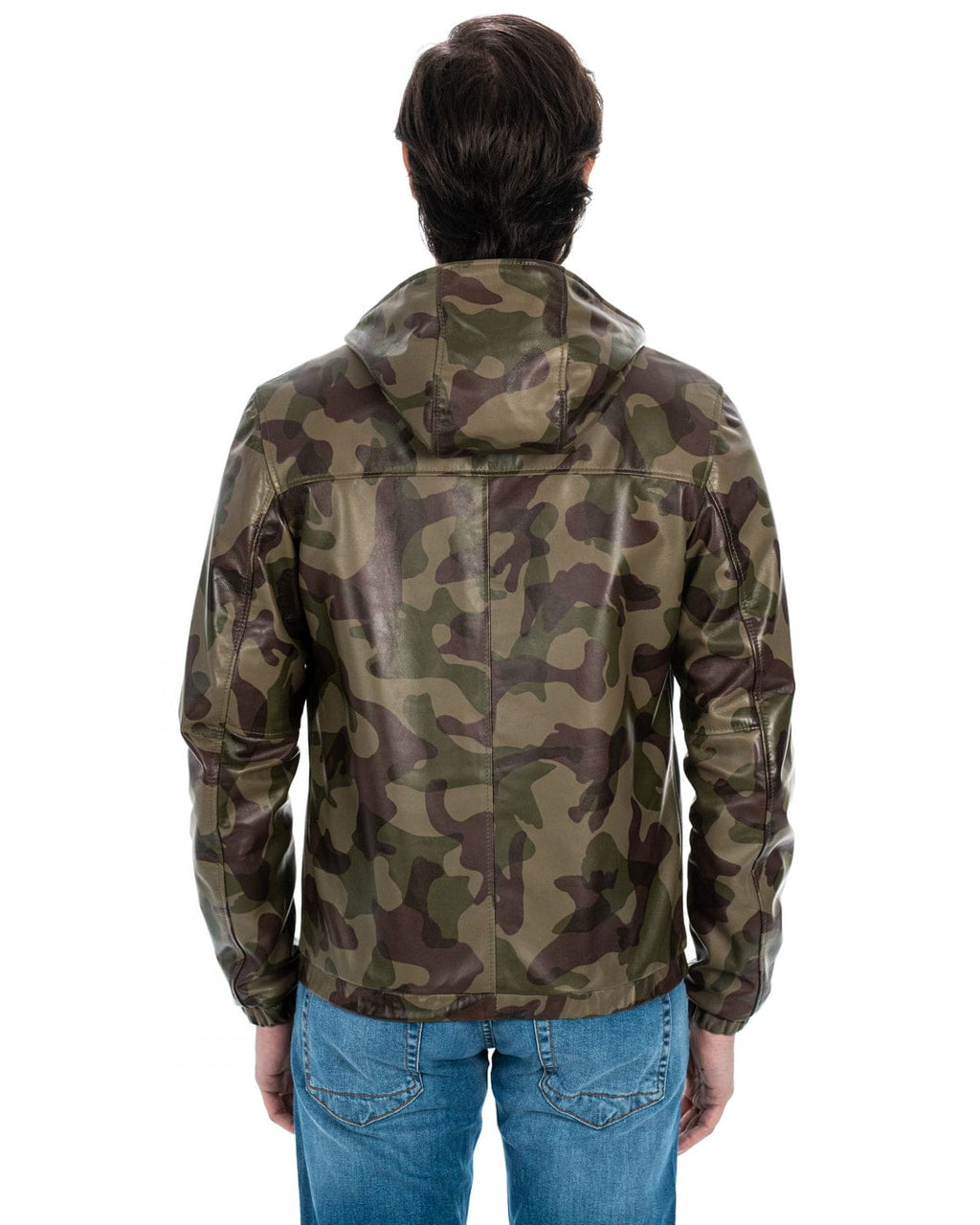 ERIC Giubbotto Bomber stile K-WAY con cappuccio da uomo in vera pelle mimetico