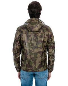 ERIC Giubbotto Bomber stile K-WAY con cappuccio da uomo in vera pelle mimetico