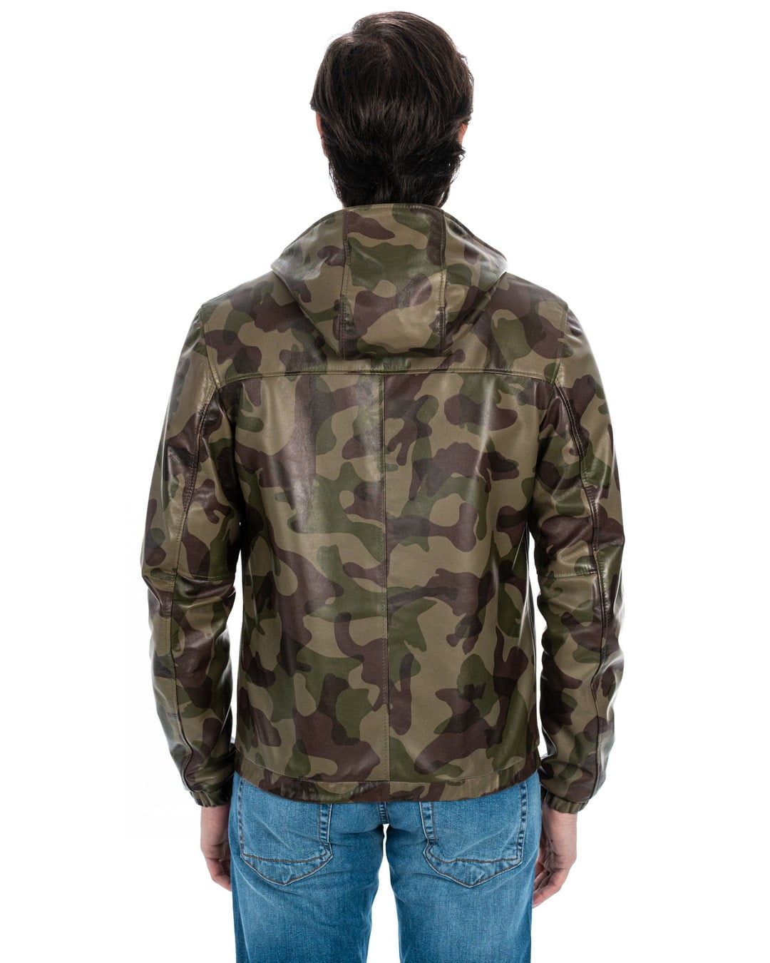 ERIC Giubbotto Bomber stile K-WAY con cappuccio da uomo in vera pelle mimetico