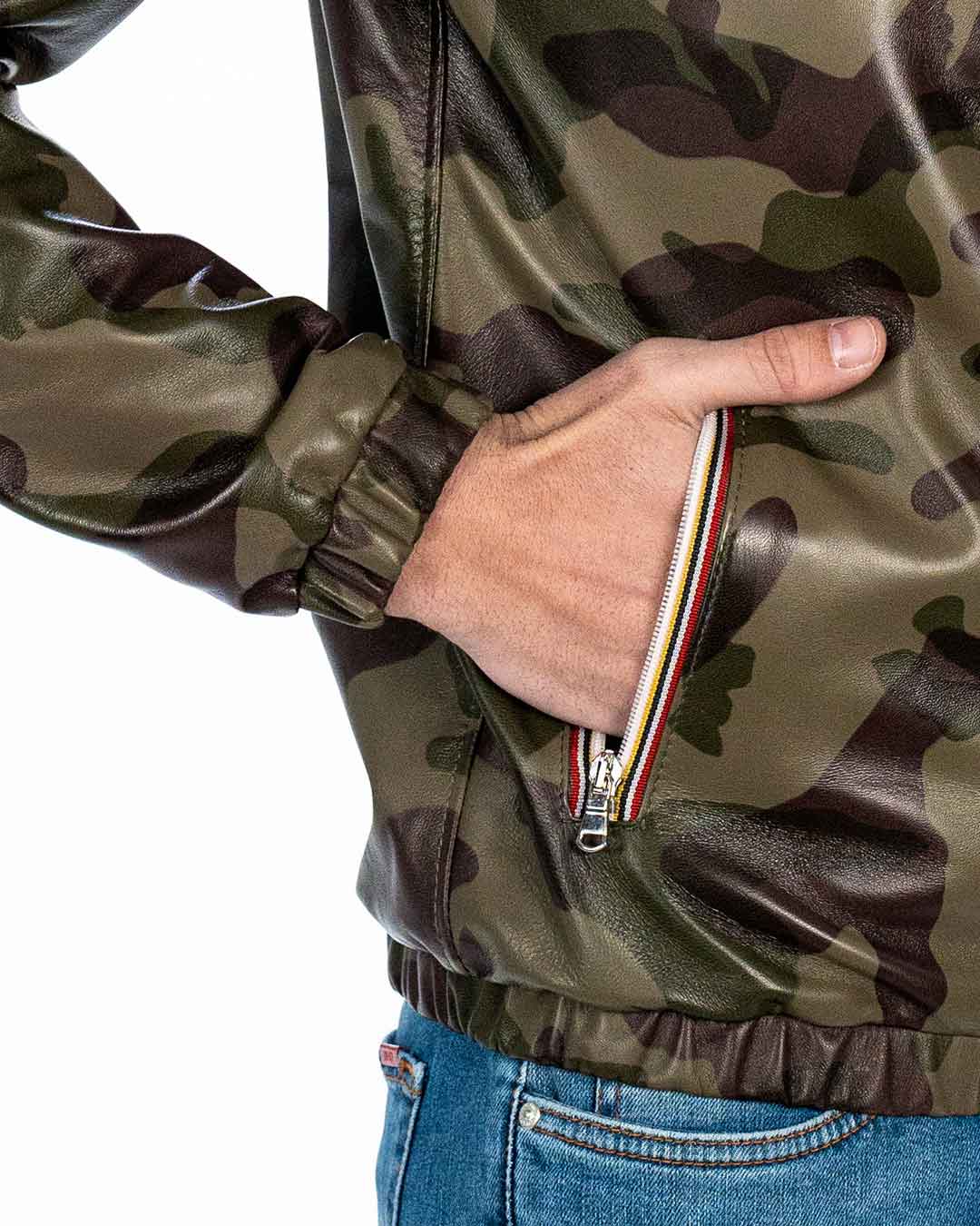 ERIC Giubbotto Bomber stile K-WAY con cappuccio da uomo in vera pelle mimetico