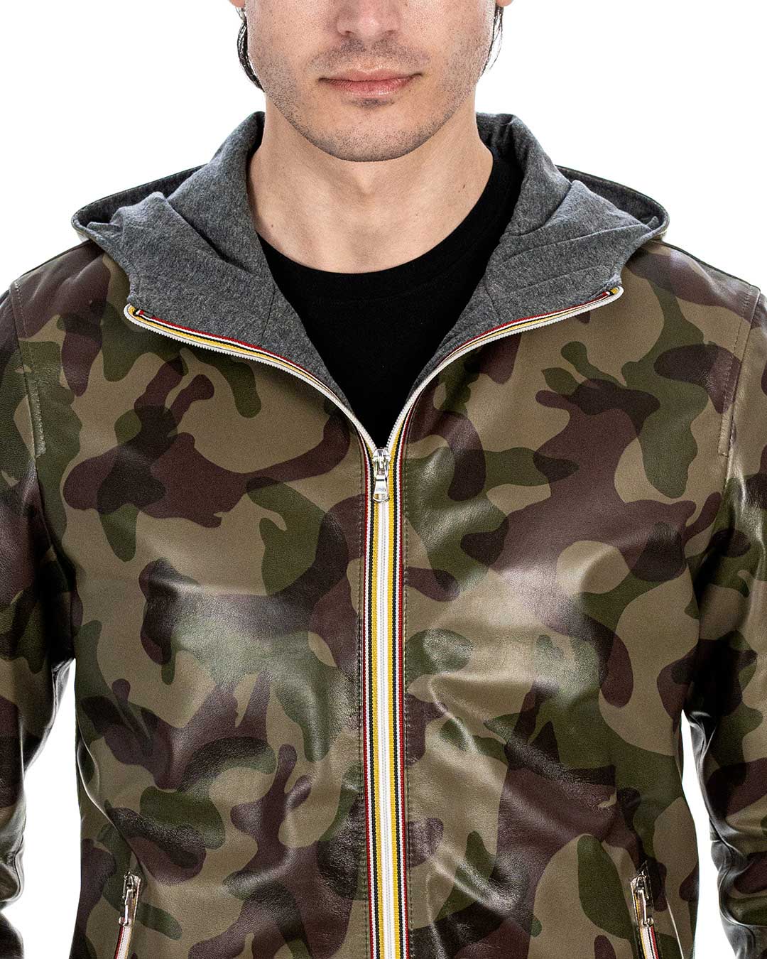ERIC Giubbotto Bomber stile K-WAY con cappuccio da uomo in vera pelle mimetico